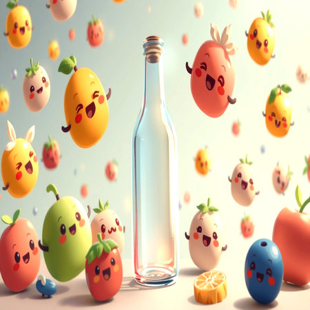 Fruits flying out of a bottle. 3D rendering.の写真素材