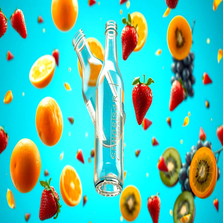 Bottle with falling fruits on blue background. Mixed mediaの写真素材