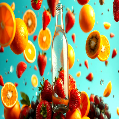 Bottle of water with falling fruits on blue background, levitation conceptの写真素材