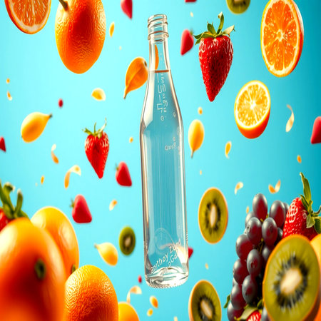 Bottle of water and falling fruits on blue background, 3D rendering