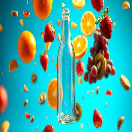Falling fruits and bottle of water on blue background. 3d renderingの写真素材