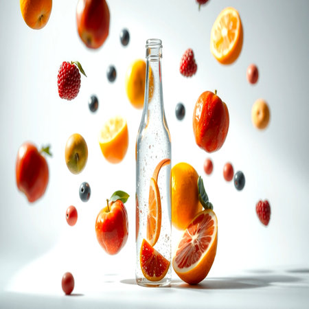 Water in a bottle with falling fruits and berries on a white backgroundの写真素材