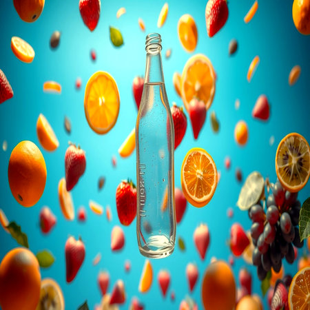Bottle of water and falling fruits on blue background. Mixed mediaの写真素材
