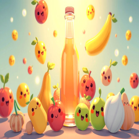 Fruit juice in a bottle with funny faces. 3d renderingの写真素材