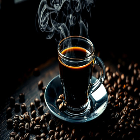 Coffee cup and coffee beans on dark wooden table, selective focusの写真素材