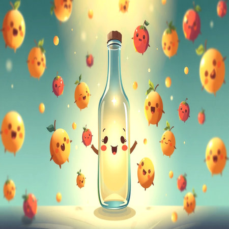 Funny cartoon bottle with funny fruits. Vector illustration.の写真素材