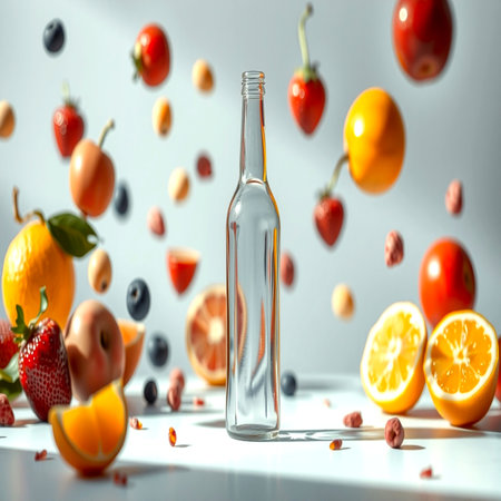 Bottle of water with falling fruits and berries on white table, closeupの写真素材