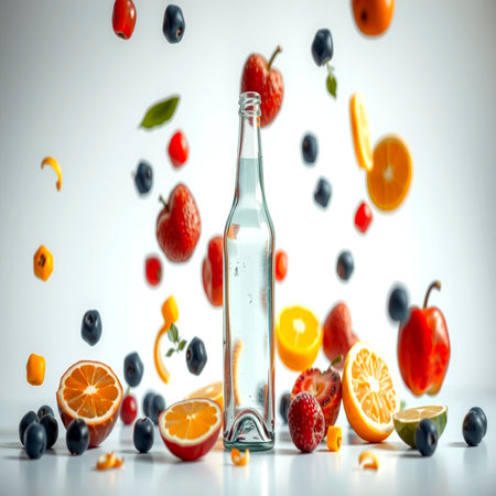 Bottle of water with falling fruits and berries on a white backgroundの写真素材