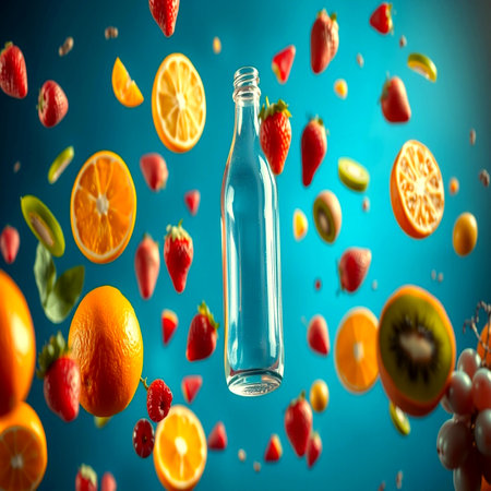 Bottle of water with flying fruits on blue background. 3d renderingの写真素材
