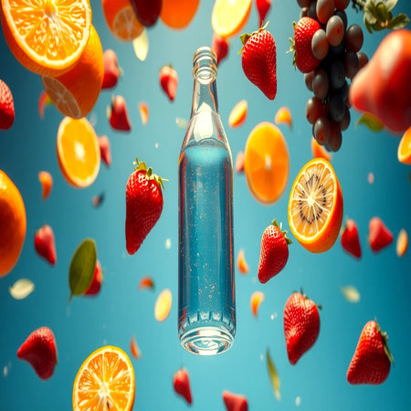 Bottle of fresh juice with flying fruits and berries on blue backgroundの写真素材