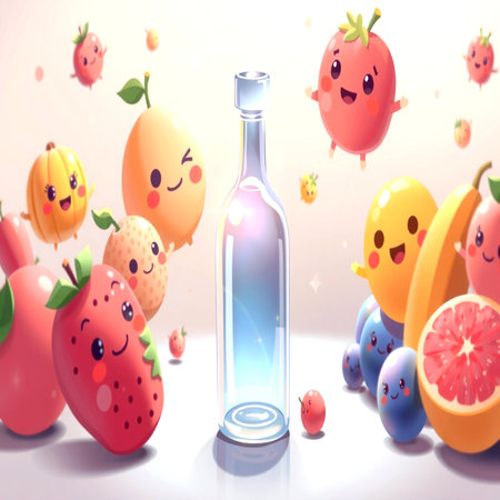 Fruit juice in bottle with watermelon and strawberry. 3d illustrationの写真素材