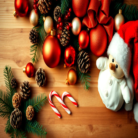 Christmas decoration on wooden background with copy space for text. Top view.の写真素材