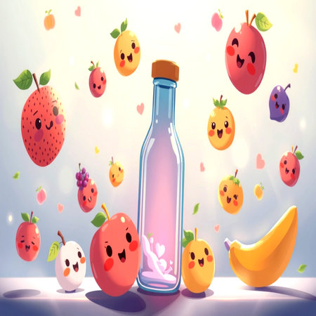 Fruit juice in a bottle. Vector illustration of a cartoon character.の写真素材