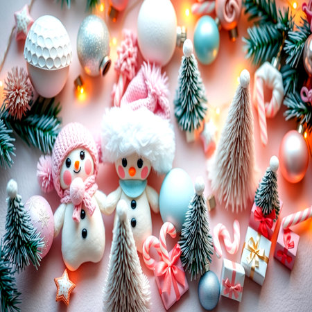 Christmas background with snowman, pine branches, gift boxes and lights on white backgroundの写真素材