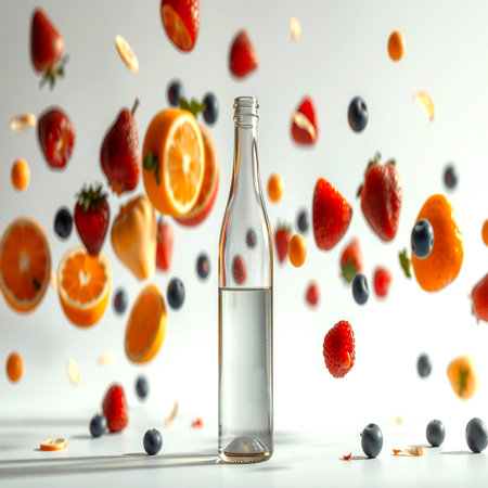 Bottle of water with falling fruits on white background, 3d renderingの写真素材