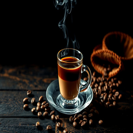 Coffee in a glass cup and coffee beans on a black backgroundの写真素材
