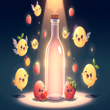 Funny bottle with kawaii fruit character. Vector illustration.の写真素材