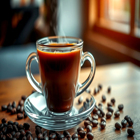 Hot coffee in glass cup on wooden table with coffee beans. Black background.の写真素材