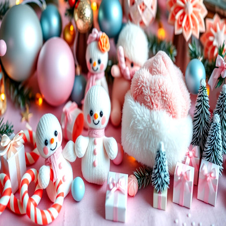 Christmas decoration with snowman and santa claus on pink backgroundの写真素材