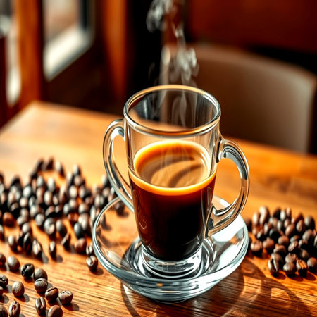 Coffee cup and coffee beans on wooden table in cafe.の写真素材