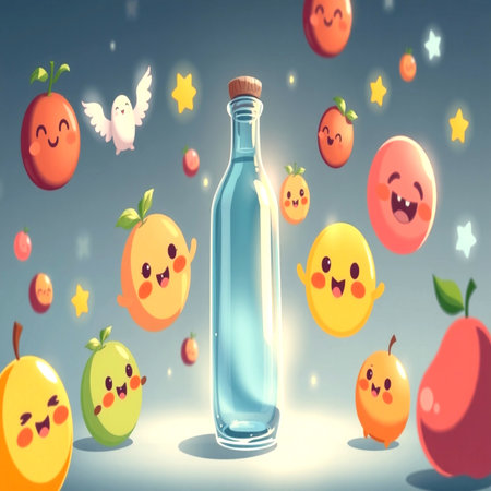 Illustration of a bottle of water with cute cartoon characters in the backgroundの写真素材