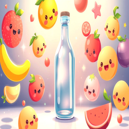 Fruit drink kawaii cartoon background. Vector illustration of funny kawaii water bottleの写真素材