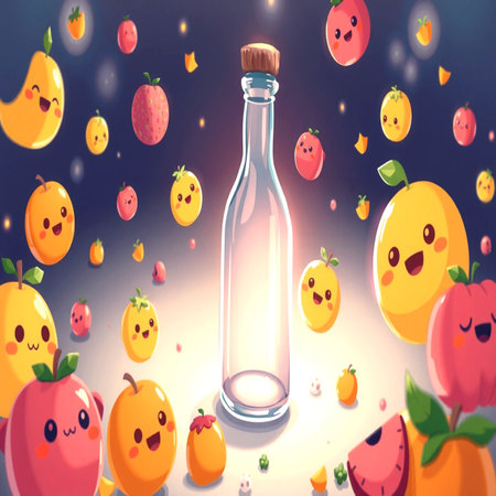 Fruit kawaii background with glass bottle. Vector illustration.の写真素材