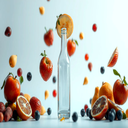 Bottle of water with falling fruits on white background, closeupの写真素材