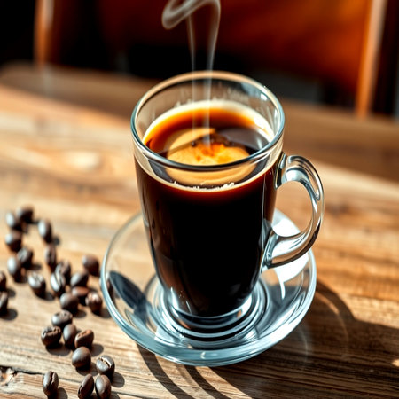 Coffee in a glass cup on a wooden table with coffee beansの写真素材