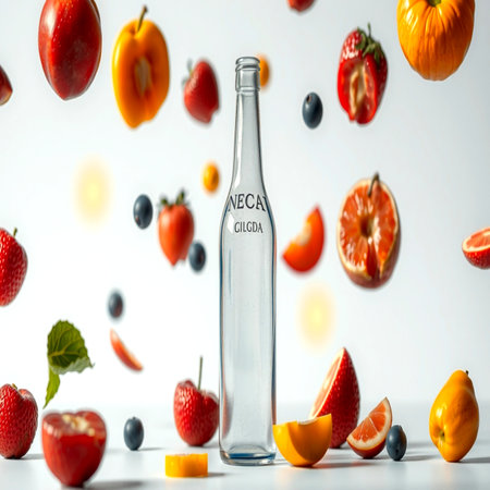 Bottle of water with fruits on white backgroundの写真素材