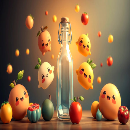 Funny kawaii fruits floating out of a bottle. 3d renderingの写真素材