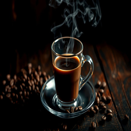 Cup of coffee with smoke on dark wooden background. Close up.の写真素材
