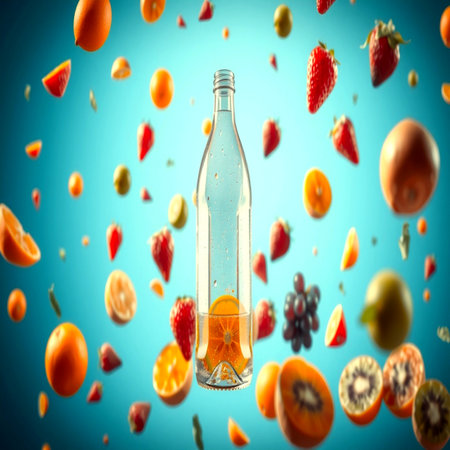 Bottle of water with falling fruits on blue background. 3d renderingの写真素材