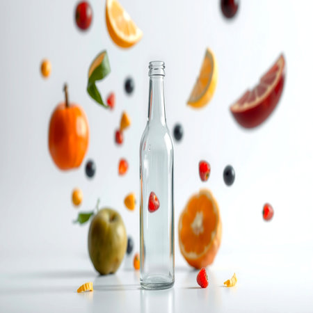 Bottle of water and falling fruits on white background, closeupの写真素材