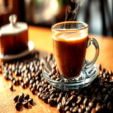 Coffee cup and coffee beans on wooden table in cafe.の写真素材