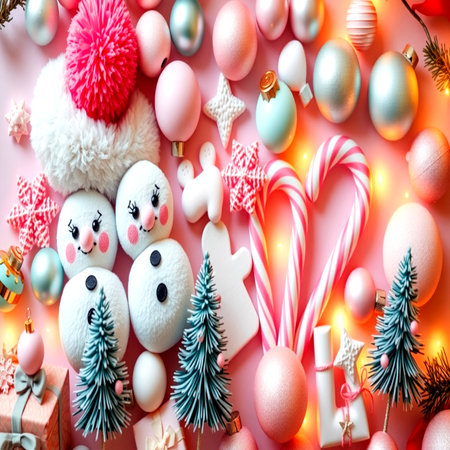 Christmas and New Year background with snowman, candy canes, fir branches, gift boxes and decorations on whiteの写真素材