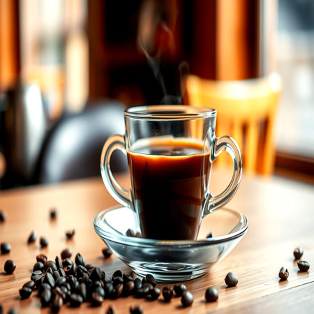 Coffee cup and coffee beans on wooden table in coffee shopの写真素材