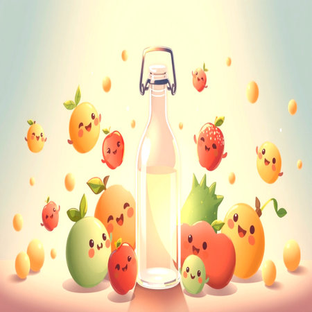 Funny cartoon fruits with a bottle of juice. Vector illustration.の写真素材