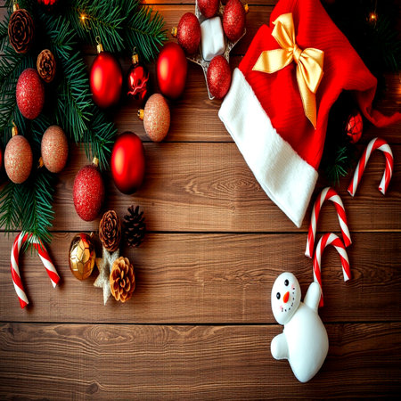 christmas decoration on wooden background top view copyspace for textの写真素材