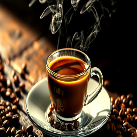 Coffee cup and coffee beans on wooden table.の写真素材