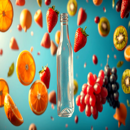 Bottle of water with fruits falling on blue background, closeupの写真素材