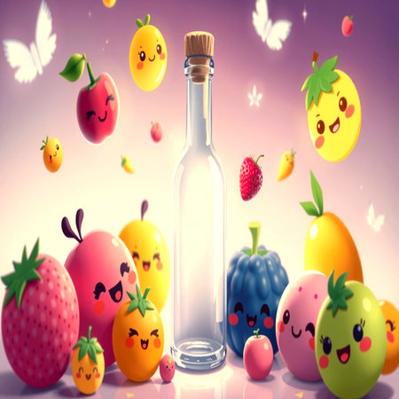 Bottle with falling fruits on blue background, closeupの写真素材