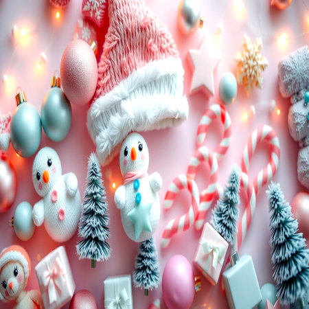 Christmas decoration on pink background. Flat lay, top view, copy space.の写真素材