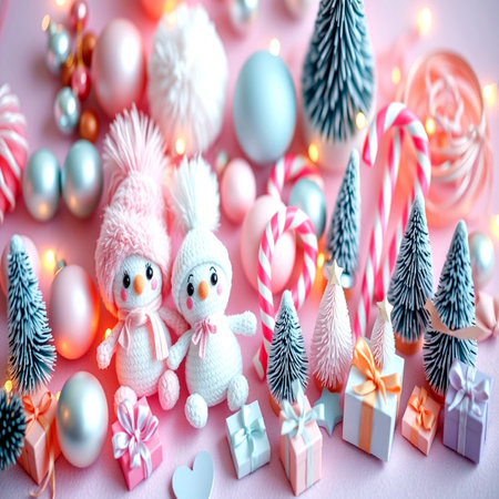 Christmas decorations on a pink background. New Year and Christmas concept.の写真素材