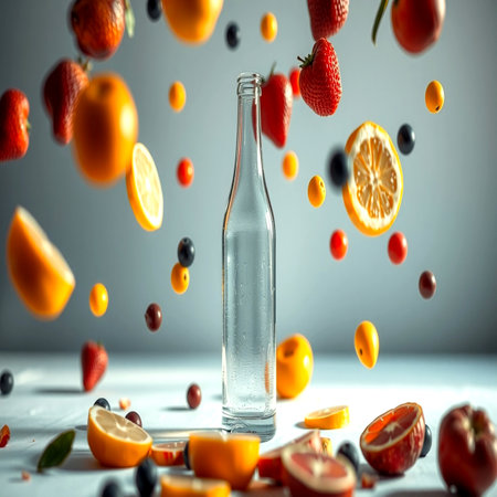 Falling fruits and bottle of water on a white background. Concept of healthy lifestyle.の写真素材
