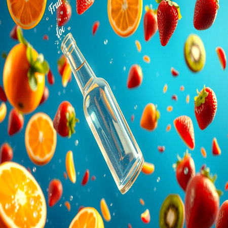 bottle of water with falling fruits on blue background. 3d renderingの写真素材