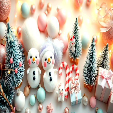 Christmas background with fir tree, snowman, candy canes, gifts and decorationsの写真素材