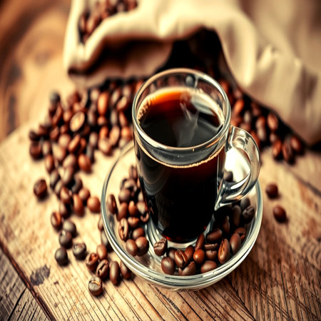 Coffee cup and coffee beans on wooden table. Coffee backgroundの写真素材