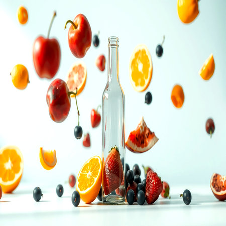 bottle of water with fruits and berries on a white background.の写真素材