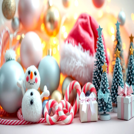 Christmas decoration with snowman, candy canes and gift boxes on light backgroundの写真素材